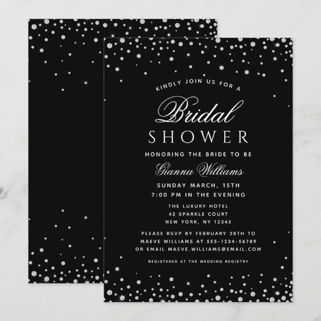 Invitation Diamants noirs Fête des mariées moderne de luxe (Devant / Derrière)