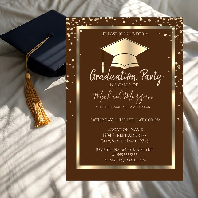 Invitation Diamants Or Cap Grad Châpeau Brun Remise des diplô (Créateur téléchargé)