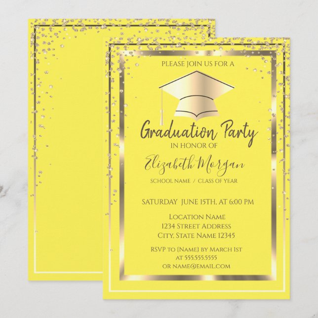 Invitation Diamants Or Cap Graduation Jaune   (Devant / Derrière)