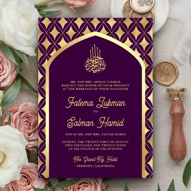 Invitation Diamants Or Pourpre Arche Mariage Musulman (Créateur téléchargé)