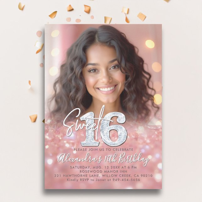 Invitation Diamants or Rose brillant Chic Photo Sweet 16 (sweet sixteen invitation 16th birthday rose gold blush pink diamonds photo template elegant classy)