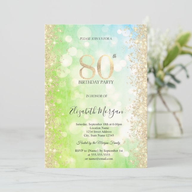 Invitation Diamants Or Vert Bleu Bokeh 80e Anniversaire   (Debout devant)