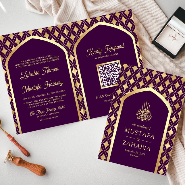 Invitation Diamants Or Violet Code QR Arch Musulman Mariage (Créateur téléchargé)