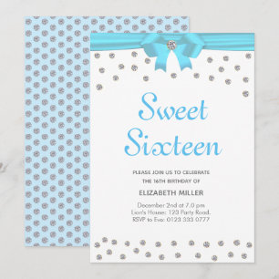 Invitation Diamants Pailletants Sweet Sixteen sur Fond Blanc