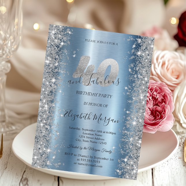 Invitation Diamants Pailletés Argent Bleu 40e Anniversaire (Créateur téléchargé)