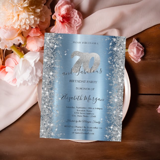 Invitation Diamants Pailletés Argent Bleu 70e Anniversaire (Créateur téléchargé)