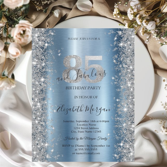 Invitation Diamants Pailletés Argent Bleu 85e Anniversaire   (Créateur téléchargé)