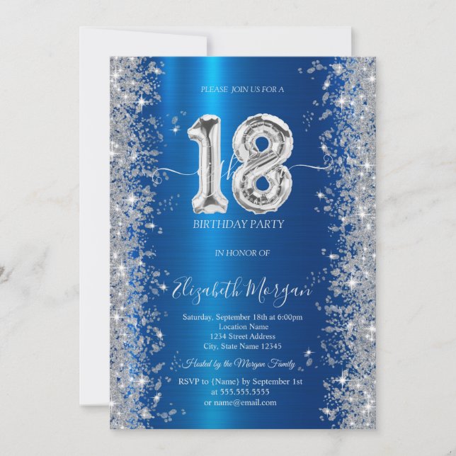 Invitation Diamants Pailletés Argent Royaux Bleus 18e Anniver (Devant)