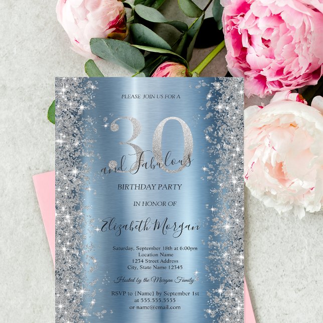 Invitation Diamants Pailletés d'Argent Bleu 30e Anniversaire (Créateur téléchargé)