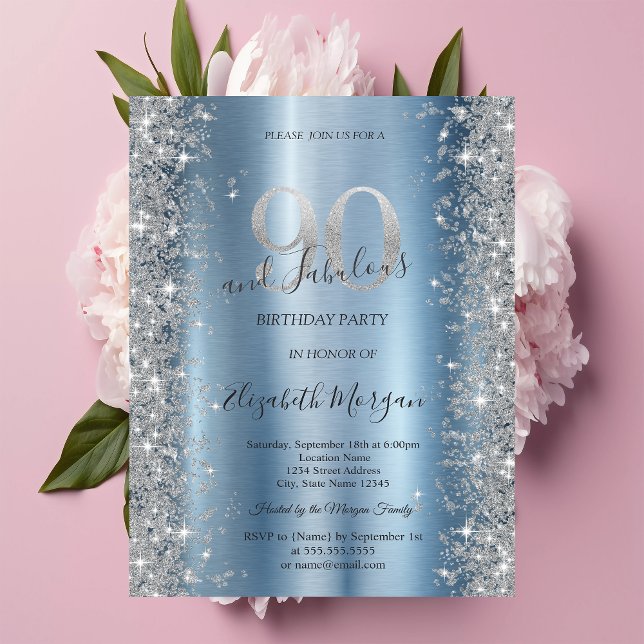 Invitation Diamants Pailletés d'Argent Bleu 90e Anniversaire (Créateur téléchargé)