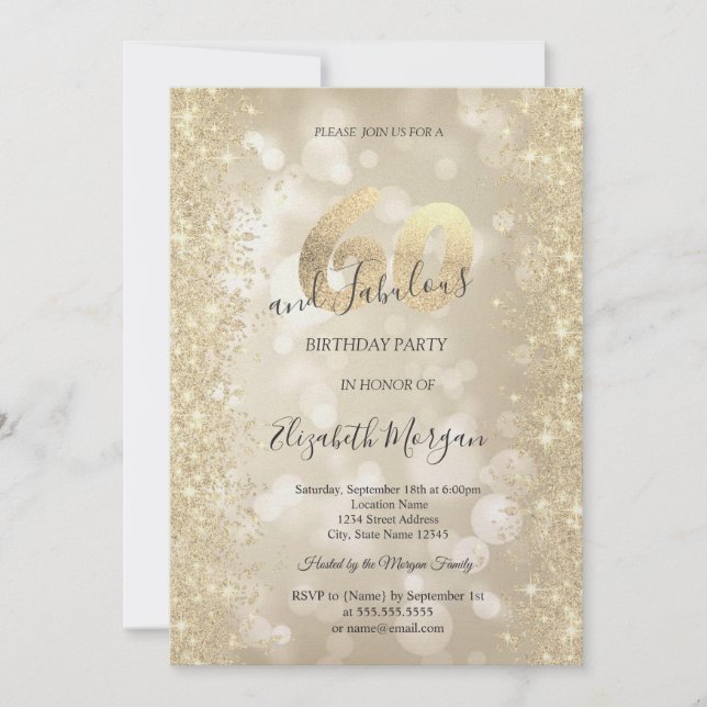Invitation Diamants Pailletés Or Bokeh 60 ans Anniversaire (Devant)