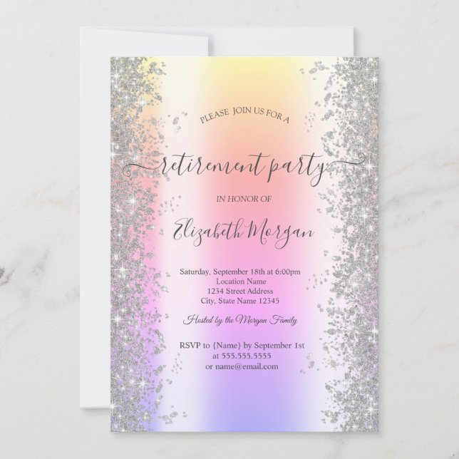 Invitation Diamants Paillettes Argent Dégradé Fête de Retrait (Devant)