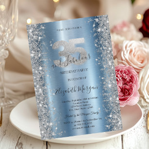 Invitation Diamants Paillettes d'Argent Bleu 35e Anniversaire