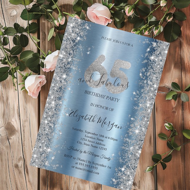 Invitation Diamants Paillettes d'Argent Bleu 65e Anniversaire (Créateur téléchargé)