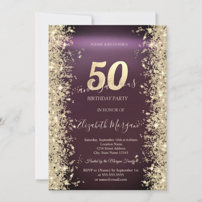 Invitation Diamants Paillettes Dorées Bordeaux 50 ans Anniver (Devant)