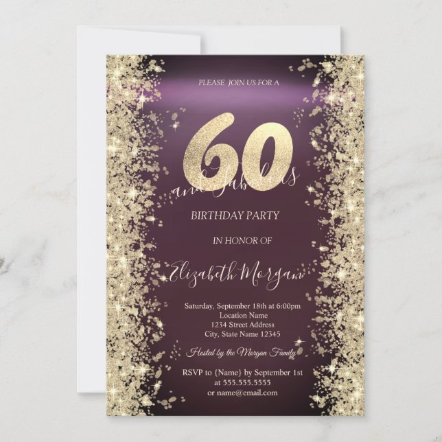 Invitation Diamants Paillettes Dorées Bordeaux 60 ans Anniver (Devant)