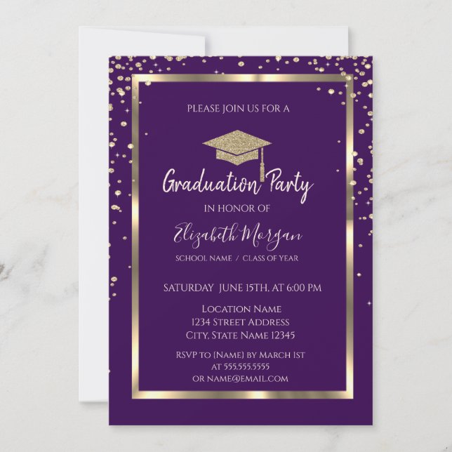 Invitation Diamants Paillettes Or Cap Grad Violet Remise des  (Devant)