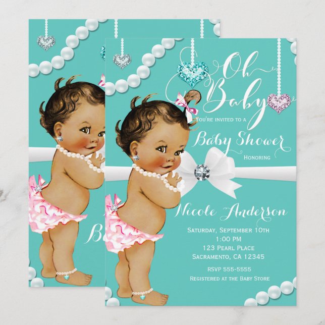 Invitation Diamants & Perles Baby Shower Vintage Fille (Devant / Derrière)