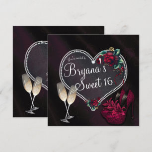 Invitation Diamants Perles Cœur Sombre Talons Hauts Sweet 16