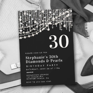 Invitation Diamants Perles Fringe Noir Blanc 30e anniversaire