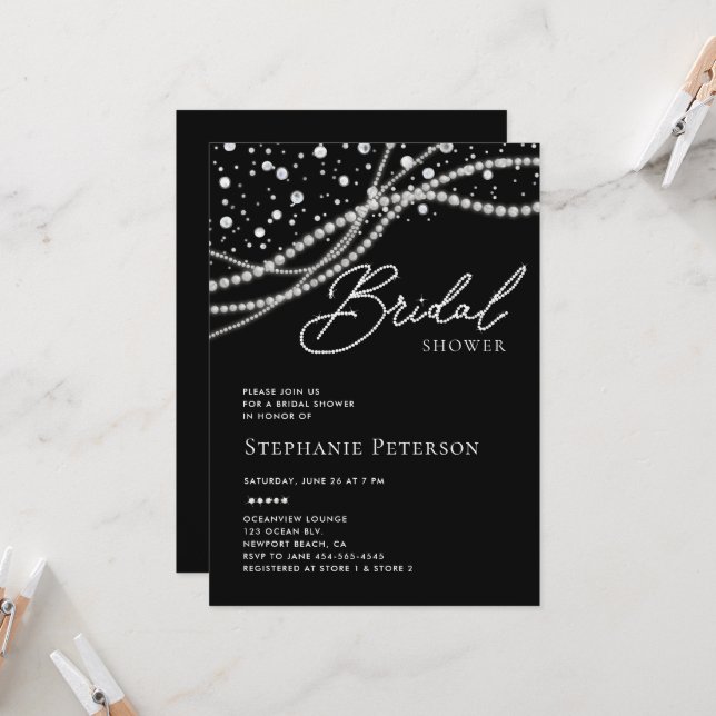 Invitation Diamants Perles Noir Blanc Élégant Shower de Marié (Devant/Arrière en situation)