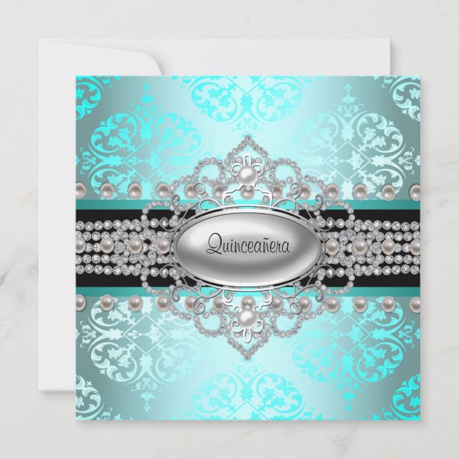 Invitation Diamants Perles Quinceanera Bleu Canard (Devant)