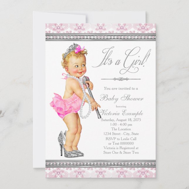 Invitation Diamants Perles Talons Hauts Bébé Fille Shower (Devant)