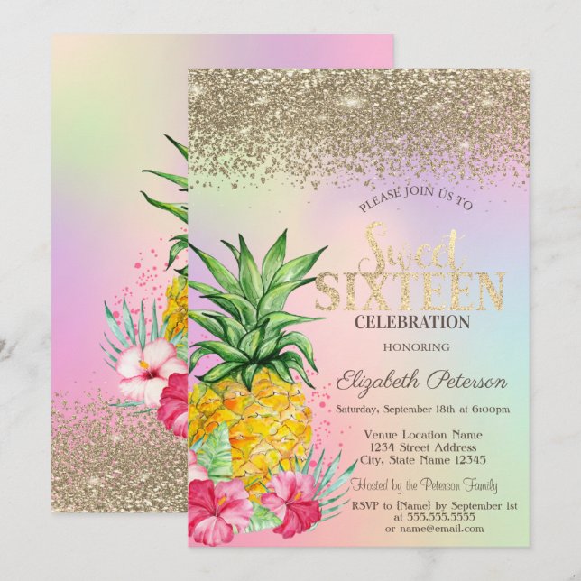 Invitation  Diamants,Pineapple Hibiscus Holographique Douce 1 (Devant / Derrière)