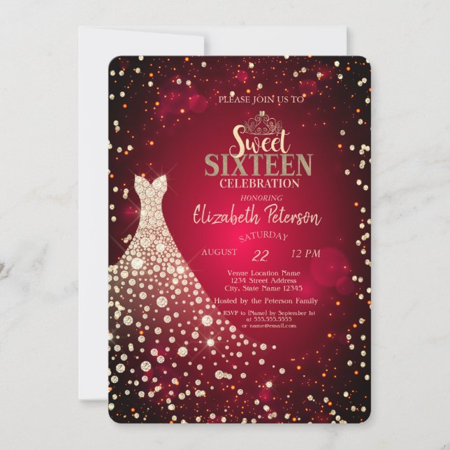 Invitation Diamants,Robe,Rouge Sweet 16 (Devant)