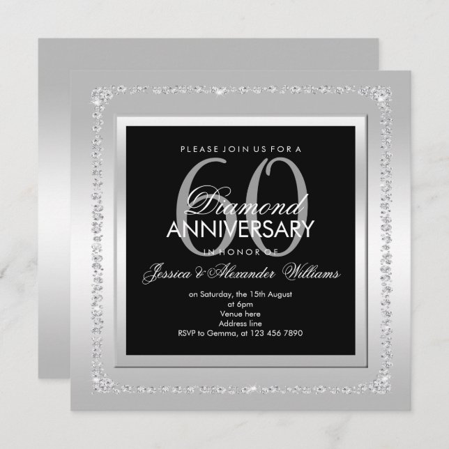 Invitation Diamants romantiques Argent 60e anniversaire Maria (Devant / Derrière)