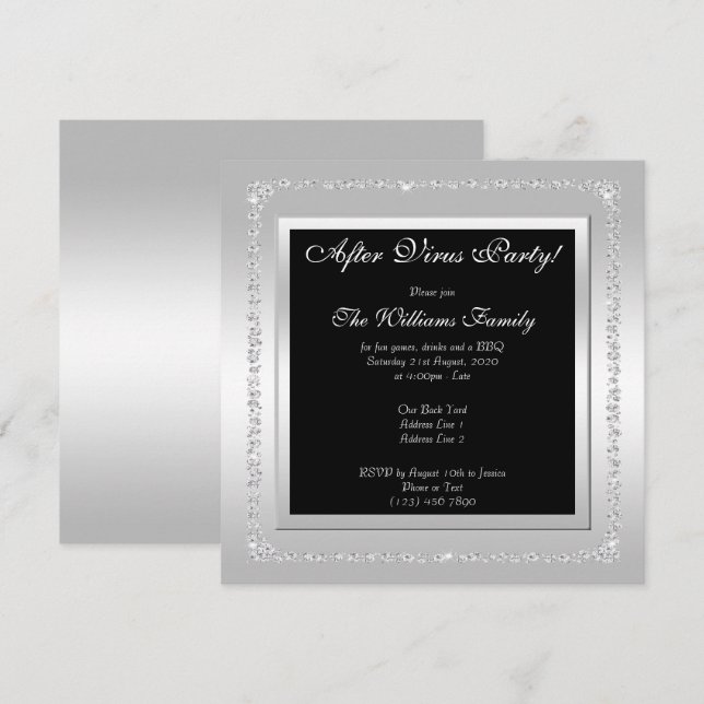 Invitation Diamants Romantiques Argent "Fête Après Virus" (Devant / Derrière)
