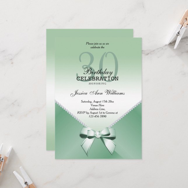 Invitation Diamants romantiques et menthe Green Bow 30e anniv (Devant/Arrière en situation)