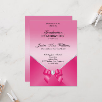 Invitation Diamants romantiques et Pink Bow Graduation