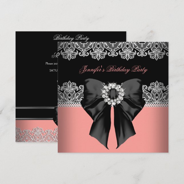 Invitation Diamants Rose Corail Dentelle Fête d'anniversaire  (Devant / Derrière)