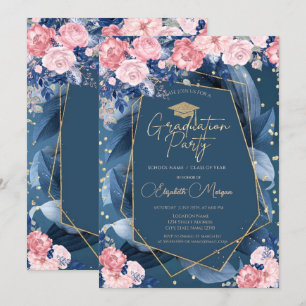Invitation Diamants Roses Cadre Bleu Marine Fête de Remise de