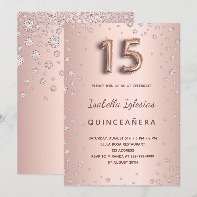 Invitation Diamants roses or rose Quinceanera (Devant / Derrière)