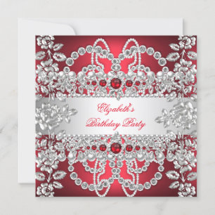 Invitation Diamants Rouge Profond Élégants Anniversaire Flora