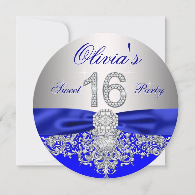 Invitation Diamants Royal Blue et Silver Sweet 16 Party (Devant)