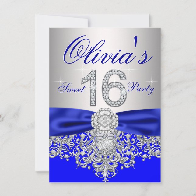 Invitation Diamants Royal Blue et Silver Sweet 16 Party (Devant)