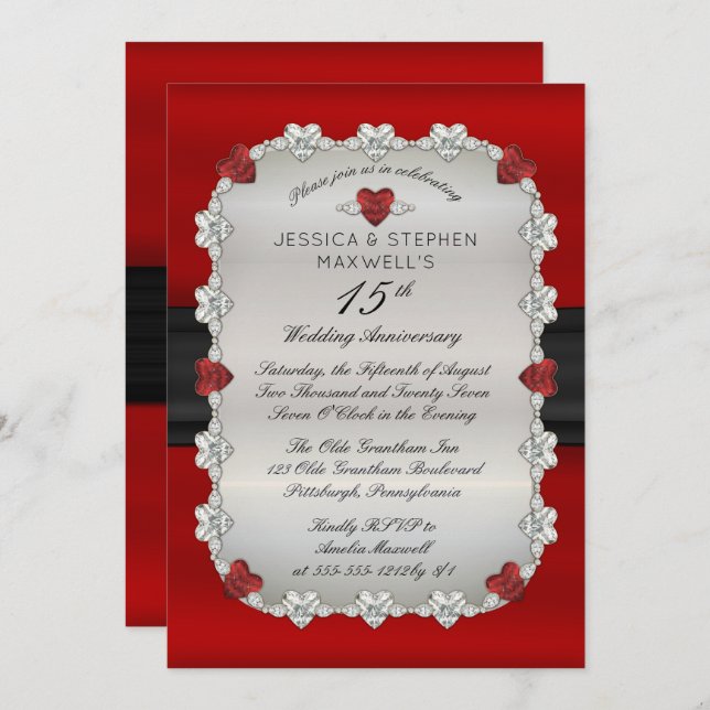 Invitation Diamants Rubis Rouge 15e Anniversaire de Mariage (Devant / Derrière)