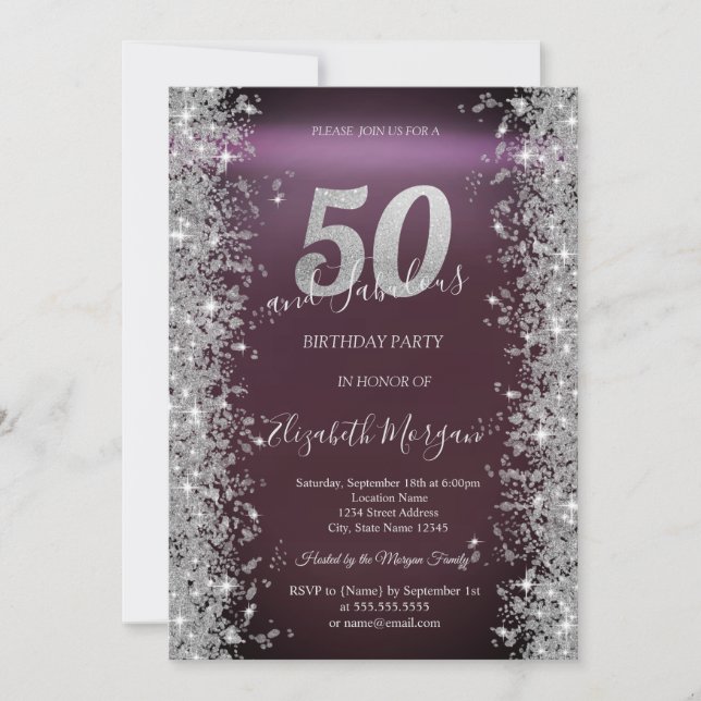 Invitation Diamants Silver Sparkle Bordeaux 50e Anniversaire  (Devant)