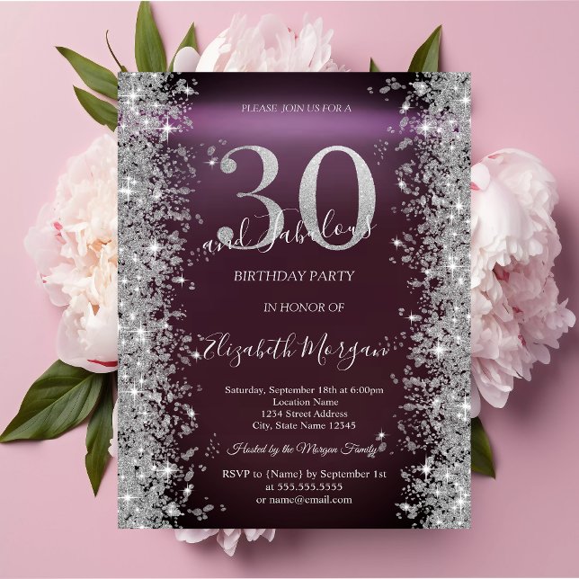 Invitation Diamants Silver Sparkle Bourgogne 30 ans Anniversa (Créateur téléchargé)