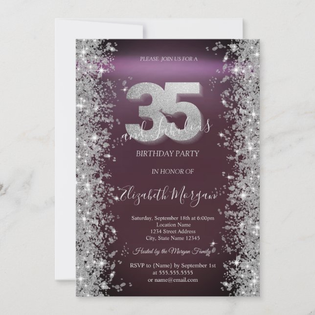 Invitation Diamants Silver Sparkle Bourgogne 35e Anniversaire (Devant)