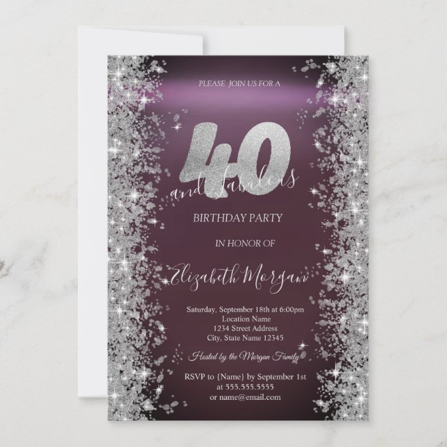 Invitation Diamants Silver Sparkle Bourgogne 40ème Anniversai (Devant)