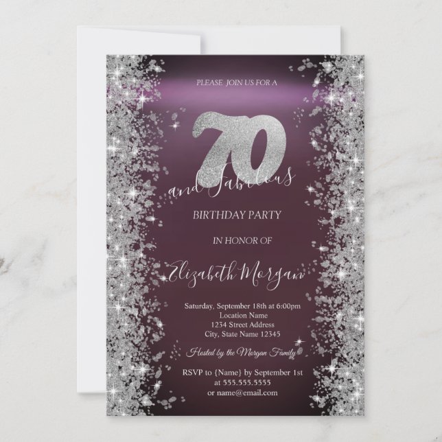 Invitation Diamants Silver Sparkle Bourgogne 70 ans Anniversa (Devant)