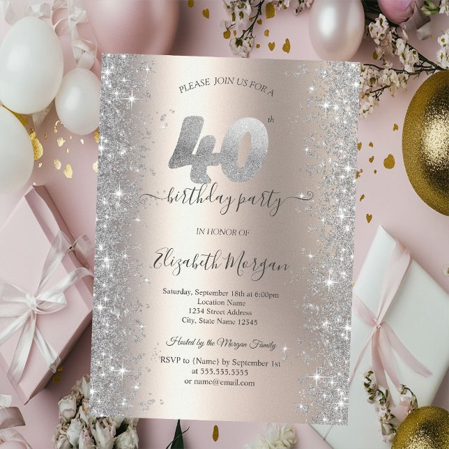 Invitation Diamants Silver Sparkle Ivoire Fête des 40 ans (Créateur téléchargé)