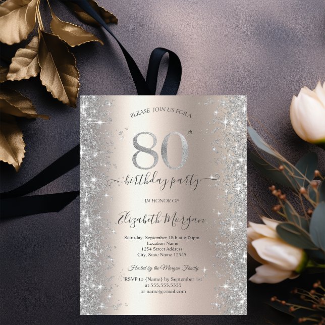 Invitation Diamants Silver Sparkle Ivoire Fête des 80 ans (Créateur téléchargé)