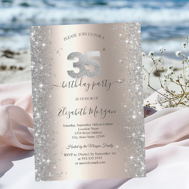Invitation Diamants Silver Sparkle Ivory Fête des 35 ans (Créateur téléchargé)