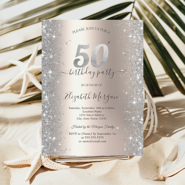 Invitation Diamants Silver Sparkle Ivory Fête des 50 ans (Créateur téléchargé)