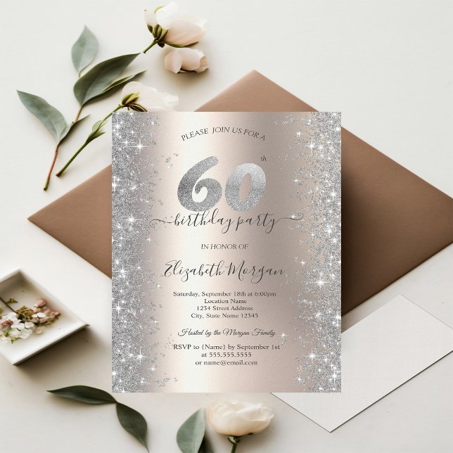 Invitation Diamants Silver Sparkle Ivory Fête des 60 ans (Créateur téléchargé)